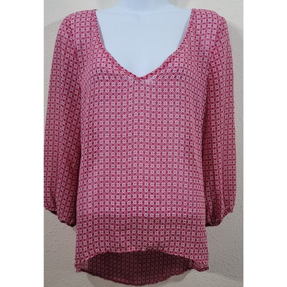 Wishful Park Red White Geo Print Sheer Top Small Lightweight Soft Hi Low Hem - Picture 1 of 5